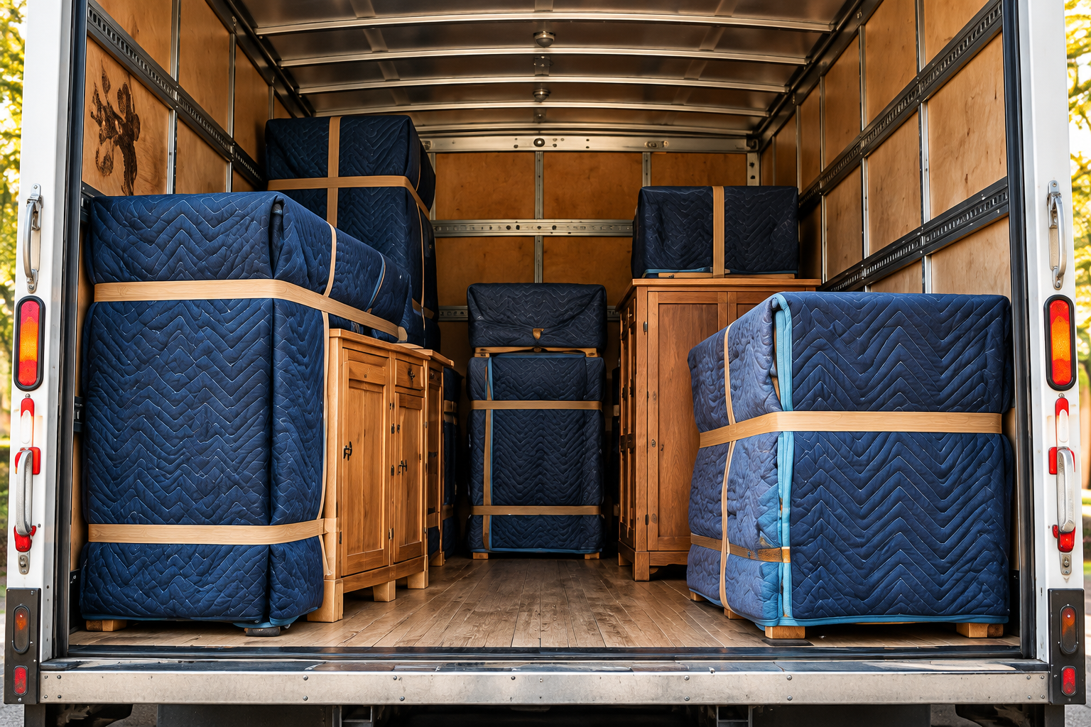 Furniture wrapped in moving blankets inside a delivery truck